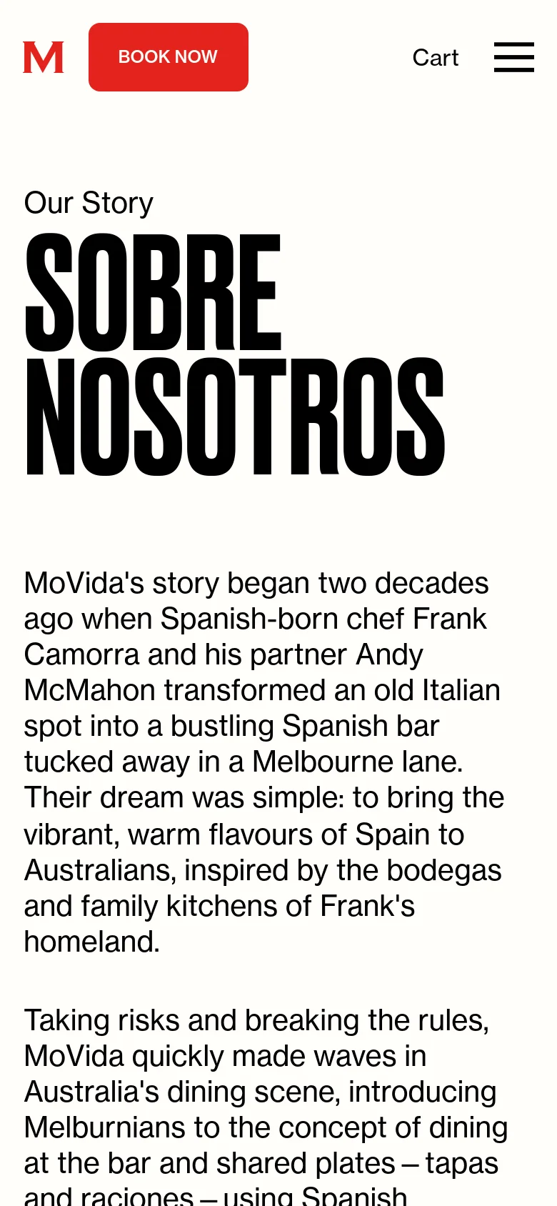 The mobile version simplifies the layout with a centered MoVida logo, a red 'BOOK NOW' button, and a 'Cart' link next to a hamburger menu icon. The 'Our Story' title and the oversized 'SOBRE NOSOTROS' headline are stacked vertically above the main body text, which begins with the history of MoVida.