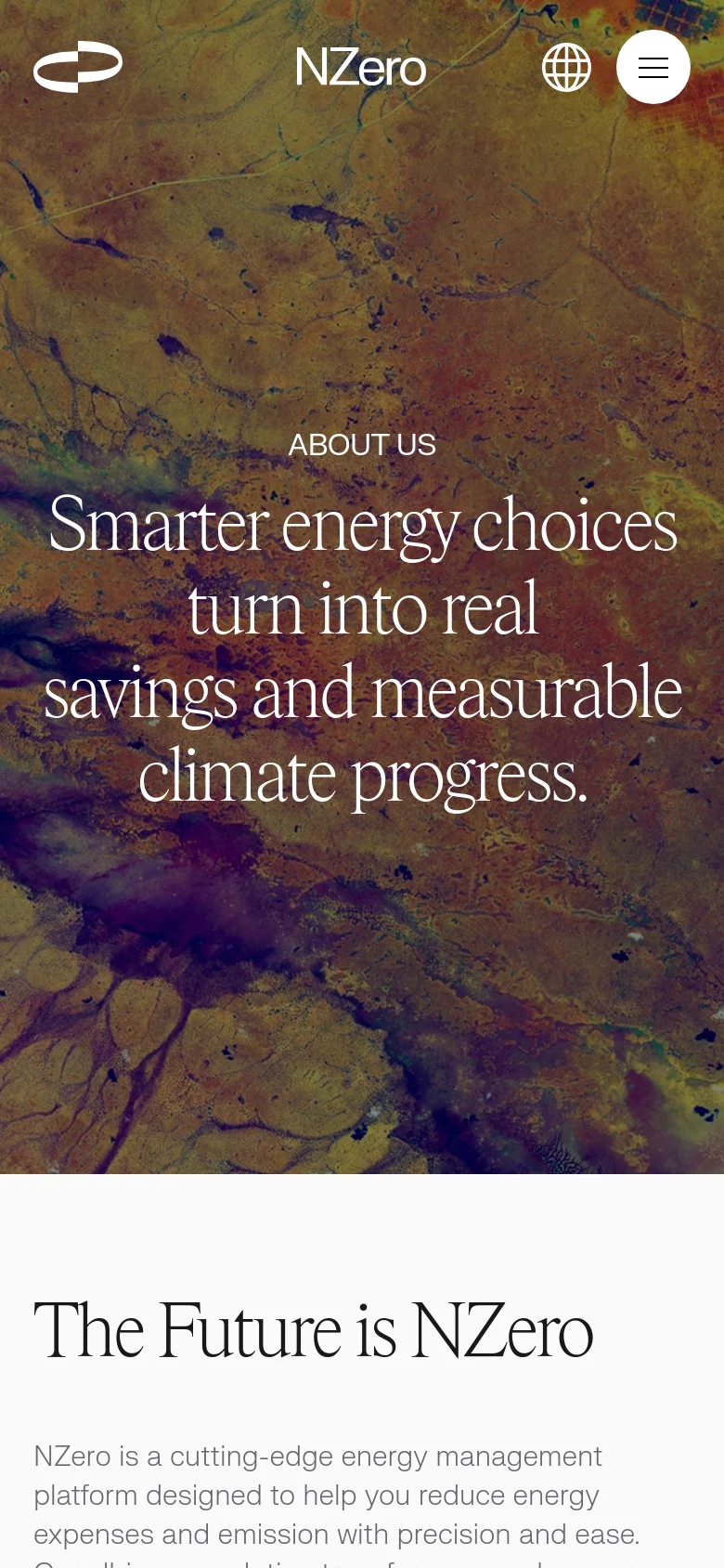 The mobile version presents a vertically stacked layout starting with a full-width hero image of a textured landscape and the main headline. Navigation is condensed into a hamburger menu icon at the top right next to a globe icon. The text content and leadership profiles are scaled for a single-column view to ensure readability on smaller screens.