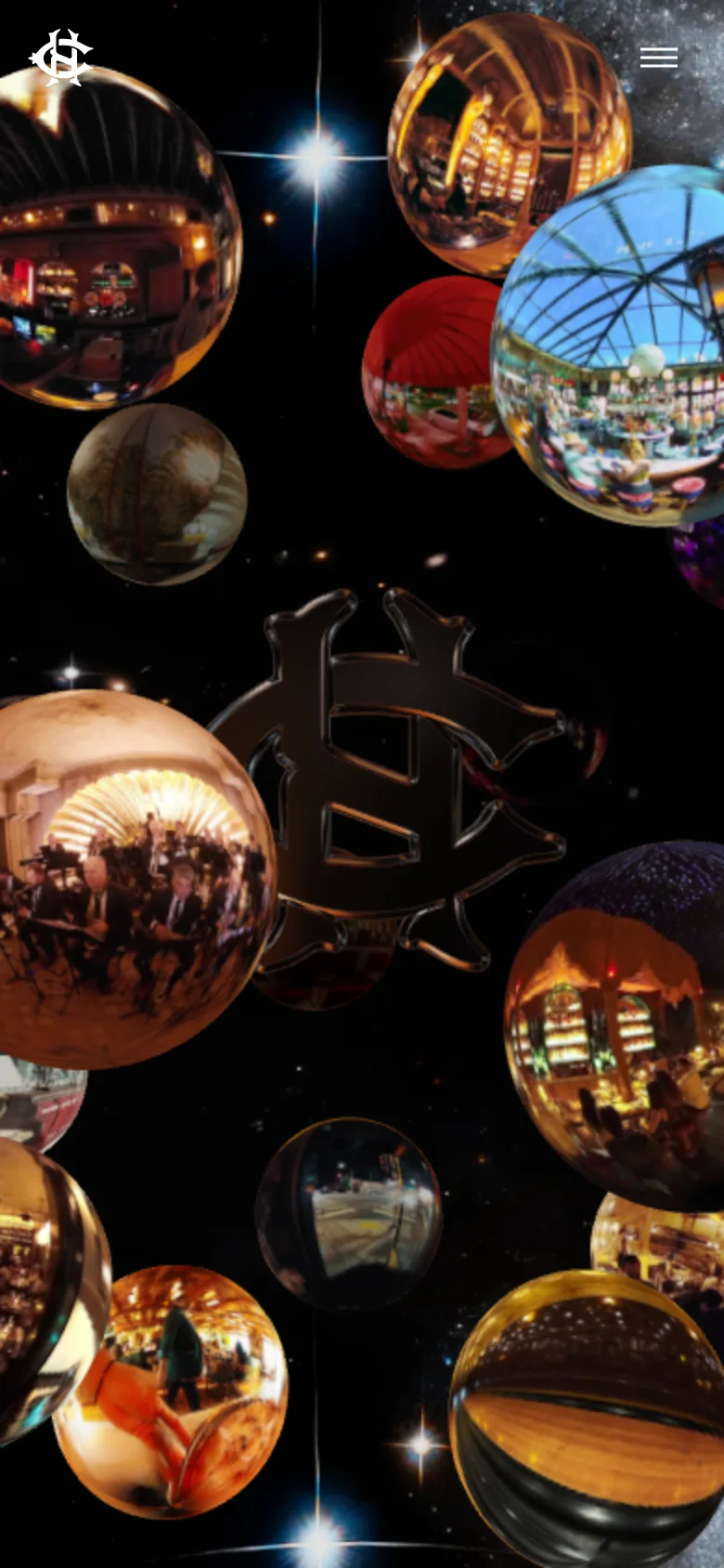 The mobile version presents a vertically oriented view of the cosmic background and floating photo bubbles. The layout is more condensed, focusing on larger, overlapping spheres, with the logo and hamburger menu positioned at the top for easier thumb access.