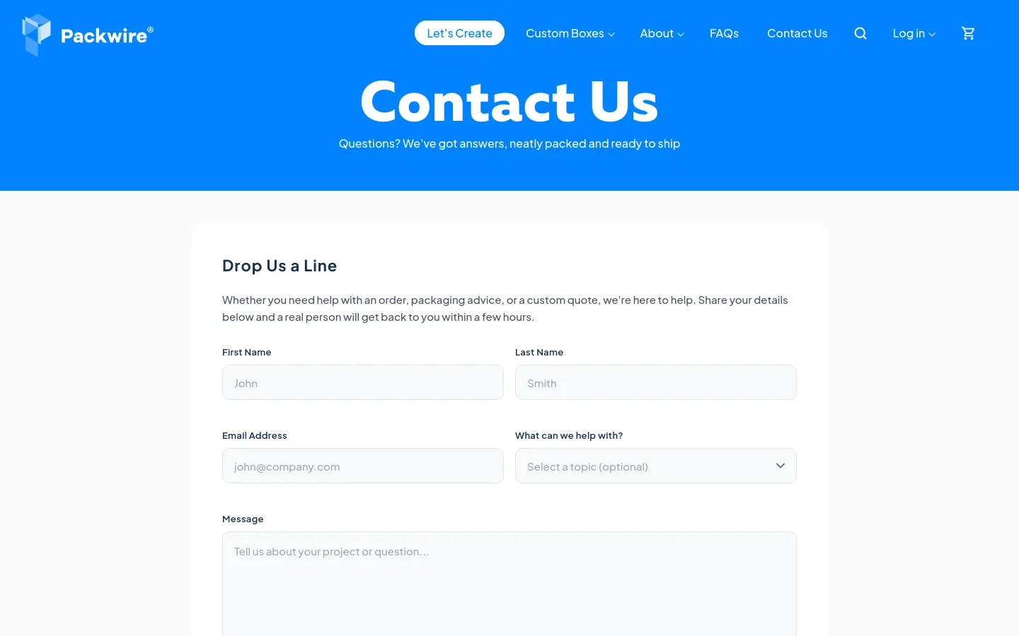 The desktop version features a bright blue hero section with the large white headline 'Contact Us' and a subheadline. Below, a white container holds a 'Drop Us a Line' contact form with fields for First Name, Last Name, Email Address, a topic dropdown, and a large message text area. The navigation bar at the top includes the Packwire logo, menu links, a 'Let's Create' button, and a search icon.