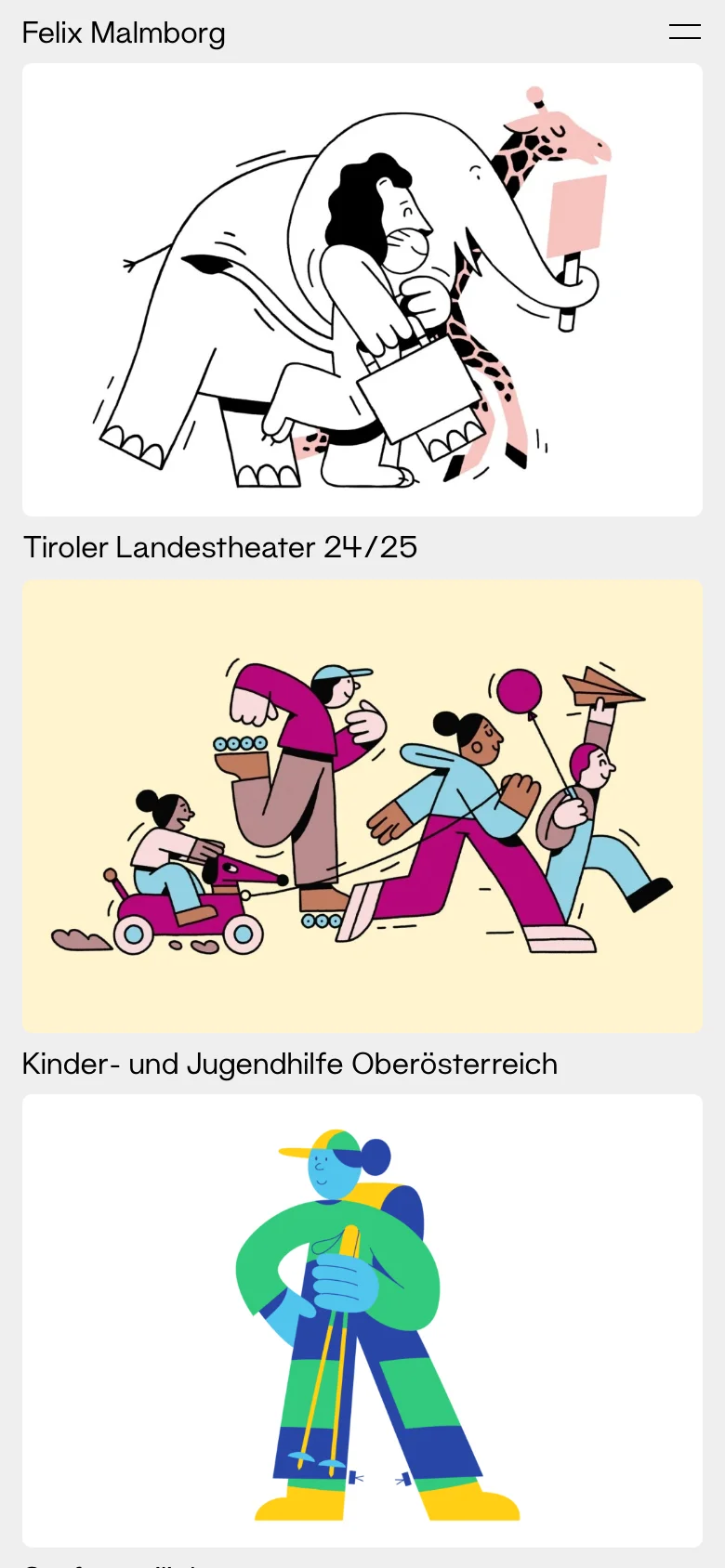 The mobile version presents a single-column vertical layout of the project gallery. The navigation is condensed into a hamburger menu, and the large, colorful illustrations are stacked vertically with their respective titles underneath.