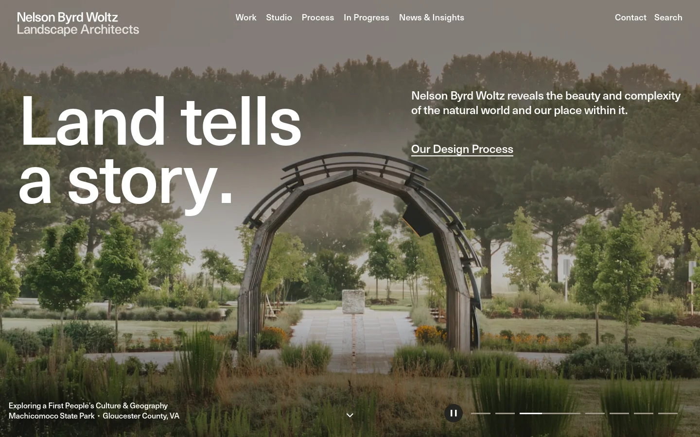The desktop homepage features a large hero image of a landscape with a wooden archway, overlaid with the headline 'Land tells a story.' and a link to 'Our Design Process'. A navigation menu is at the top with links for Work, Studio, Process, In Progress, News & Insights, Contact, and Search.