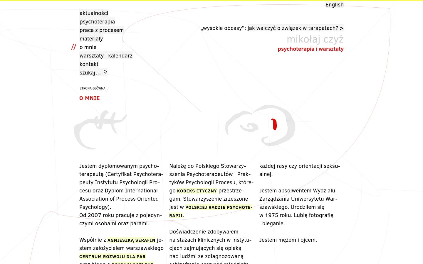 The desktop page features a minimalist white layout with a navigation menu on the left and a large heading 'O MNIE'. A stylized, abstract line drawing of a face is centered behind the text, which describes Mikołaj Czyż's professional background as a psychotherapist. The design uses red accents for highlights and links.
