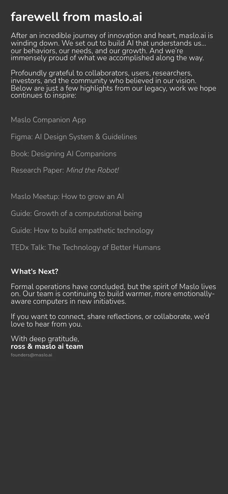 A mobile version of the dark-themed farewell page, where the content is rearranged into a single vertical column for readability. The text links and paragraphs are stacked vertically, maintaining the same minimalist aesthetic and high-contrast white-on-dark color scheme.