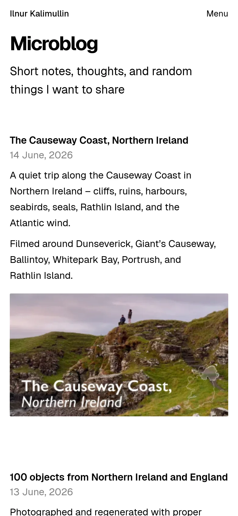 The mobile version simplifies the layout with a single-column view and a 'Menu' button in the top right corner. The typography for the 'Microblog' heading and post titles is scaled for smaller screens, and the large landscape image spans the full width of the device.
