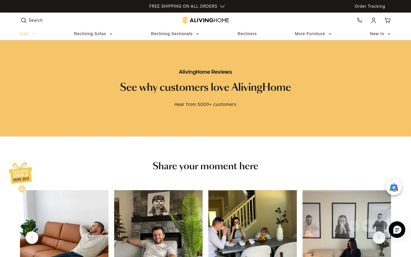 The desktop page features a large yellow hero section with the headline 'See why customers love AlivingHome' and a subheadline about 5000+ customers. Below, a white section titled 'Share your moment here' displays a grid of customer lifestyle photos featuring furniture. The navigation bar at the top includes links for Sale, Reclining Sofas, and more, alongside a search icon and shopping cart.
