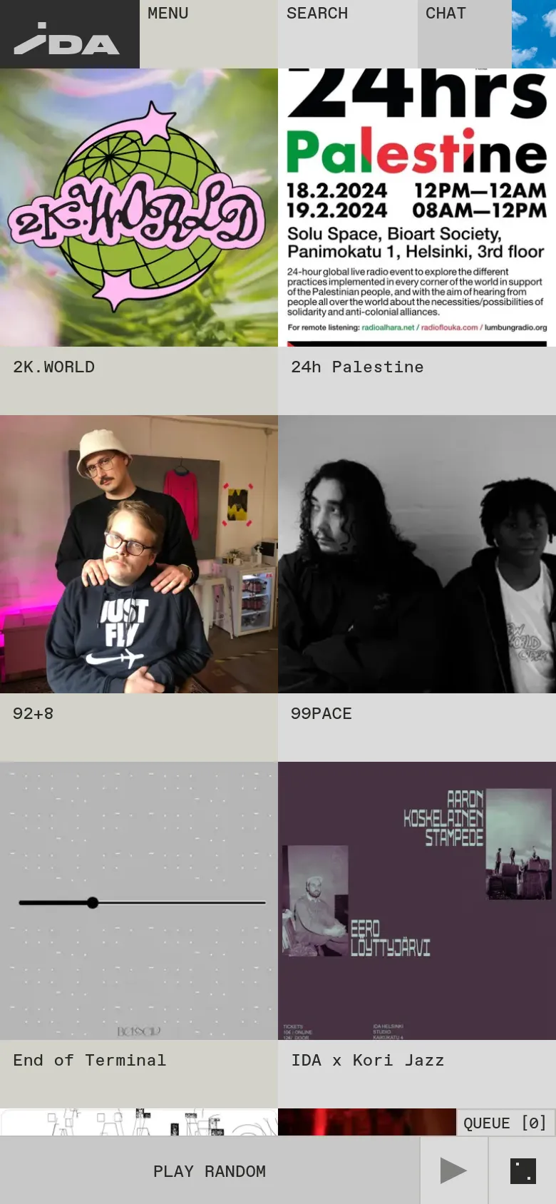 The mobile version displays the same radio show tiles in a single-column vertical scroll, making each image and title much larger and easier to tap. The top navigation is condensed into a 'MENU' button, and the bottom playback bar remains fixed for easy access to controls.