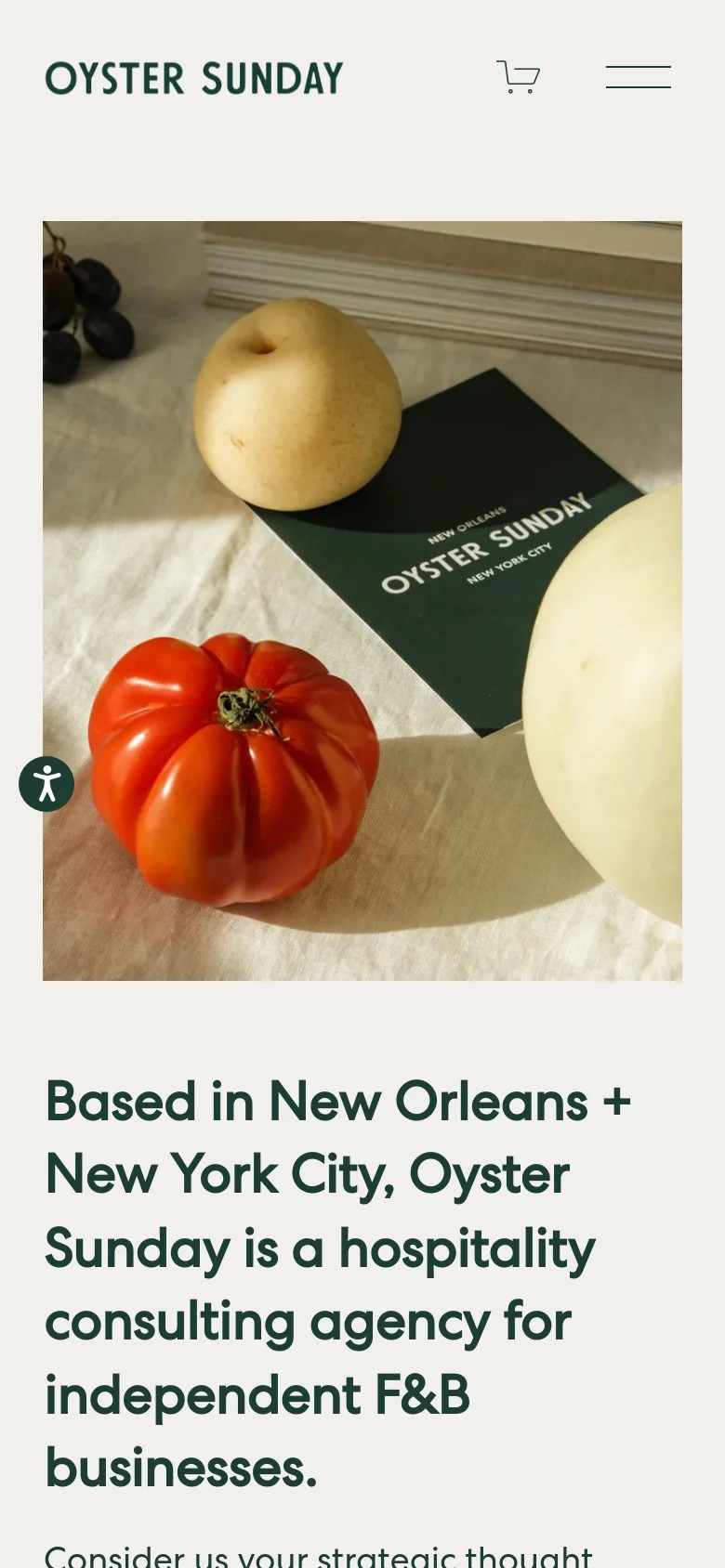 The mobile version uses a single-column stacked layout, beginning with a large hero image of fruit and the Oyster Sunday card at the top. Below the image, the main headline and introductory text are centered, followed by the 'Contact Us' button. The navigation is condensed into a hamburger menu icon and a shopping cart icon in the header.