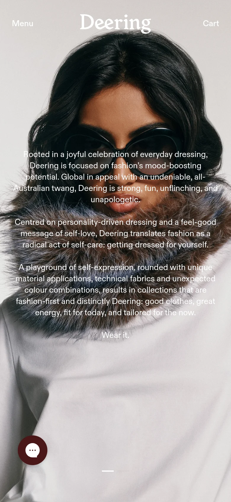 The mobile version presents a vertically oriented, full-screen close-up of the same fashion model with a fur collar. The layout is simplified with a centered 'Deering' logo, a 'Menu' button on the left, a 'Cart' button on the right, and the brand description text stacked in the middle of the image.