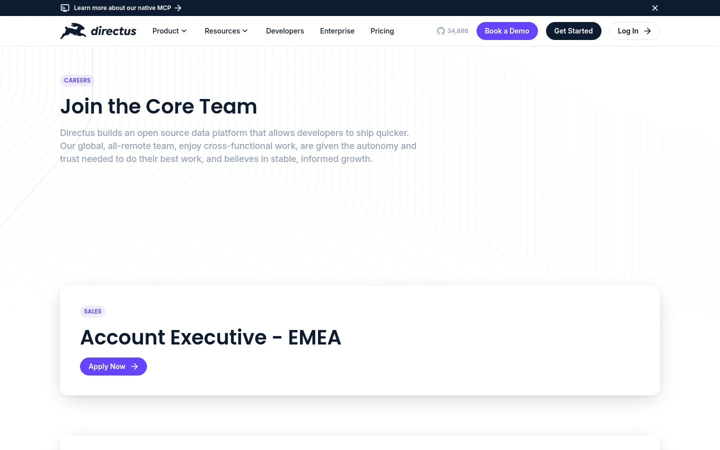 The desktop Careers page features a clean, minimalist design with a white and light grey striped background. A large headline reads 'Join the Core Team' above a paragraph describing the company's mission, with a 'SALES' job listing card below containing an 'Account Executive - EMEA' title and a purple 'Apply Now' button. The top navigation bar includes the Directus logo, menu links, and buttons for 'Book a Demo', 'Get Started', and 'Log In'.