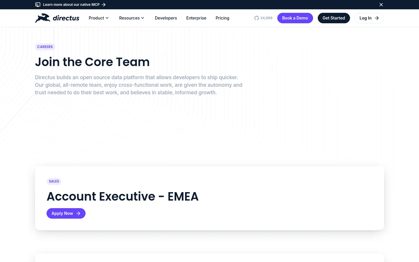 The desktop Careers page features a clean, minimalist design with a white and light grey striped background. A large headline reads 'Join the Core Team' above a paragraph describing the company's mission, with a 'SALES' job listing card below containing an 'Account Executive - EMEA' title and a purple 'Apply Now' button. The top navigation bar includes the Directus logo, menu links, and buttons for 'Book a Demo', 'Get Started', and 'Log In'.