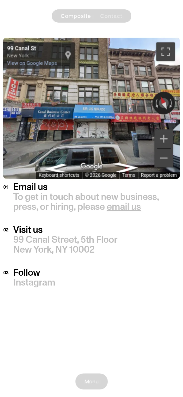 The mobile version presents a single-column layout with the text content stacked vertically on the left. The street-view image is positioned above the text sections, and a 'Menu' button is centered at the bottom of the screen.