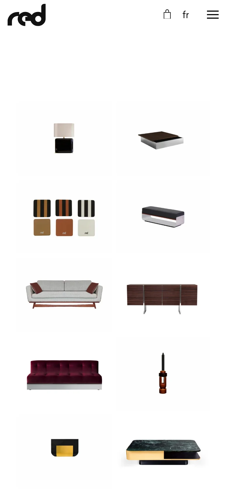 The mobile version displays a simplified header with the Red Edition logo, a shopping bag icon, language selector, and a hamburger menu icon. The product grid shifts to a single-column layout, showing larger individual images of furniture and decor items stacked vertically.