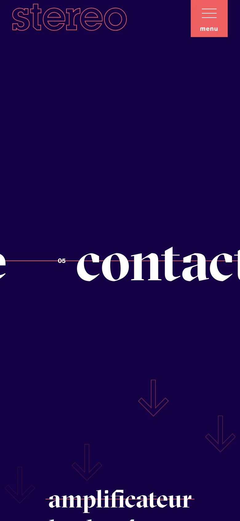 The mobile version simplifies the layout with a dark purple background and a prominent salmon-colored 'menu' button in the top right. The large white text is stacked vertically, and a large downward-pointing arrow indicates more content below.