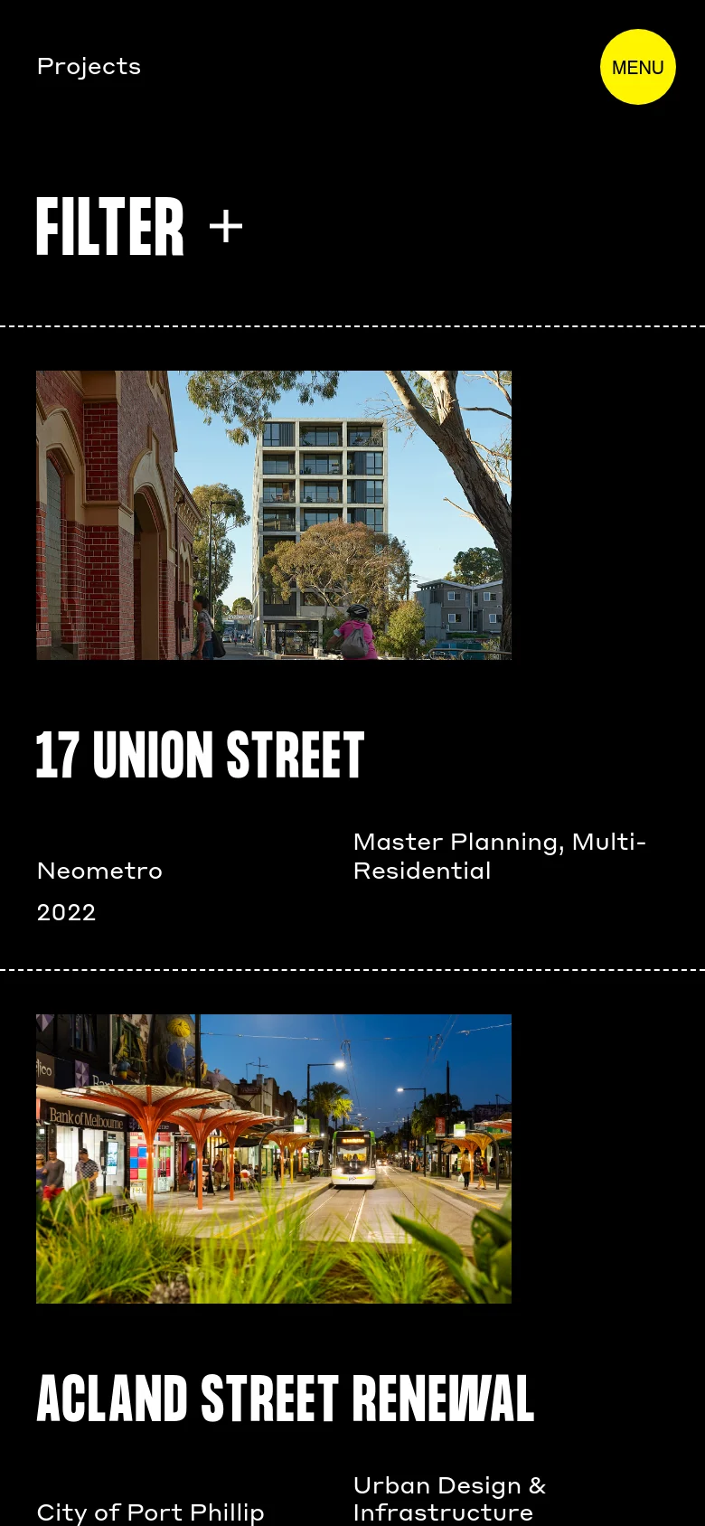 The mobile version maintains the dark theme and minimalist aesthetic but transitions to a single-column vertical stack. The 'FILTER +' heading is prominent at the top, and each project is presented with its image spanning the width of the screen, followed by the title and project details below it.