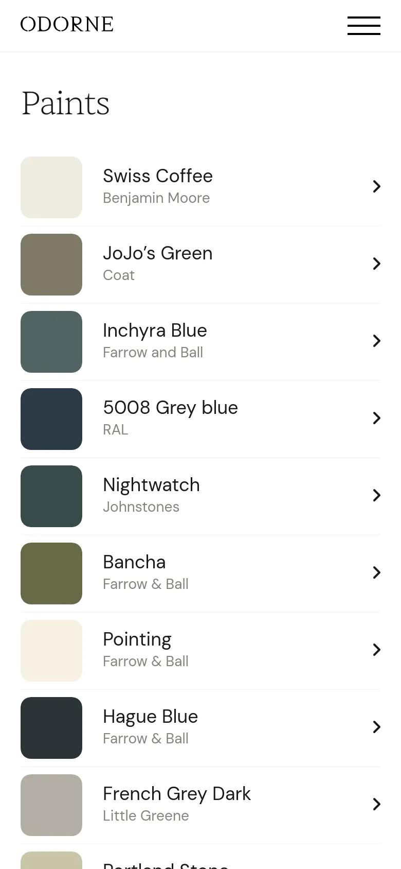 The mobile version maintains the minimalist aesthetic but switches from a grid to a single-column vertical list. Each item shows a square color swatch on the left, followed by the paint name and brand, with a chevron icon on the far right for navigation. The header includes the ODORNE logo and a hamburger menu icon.