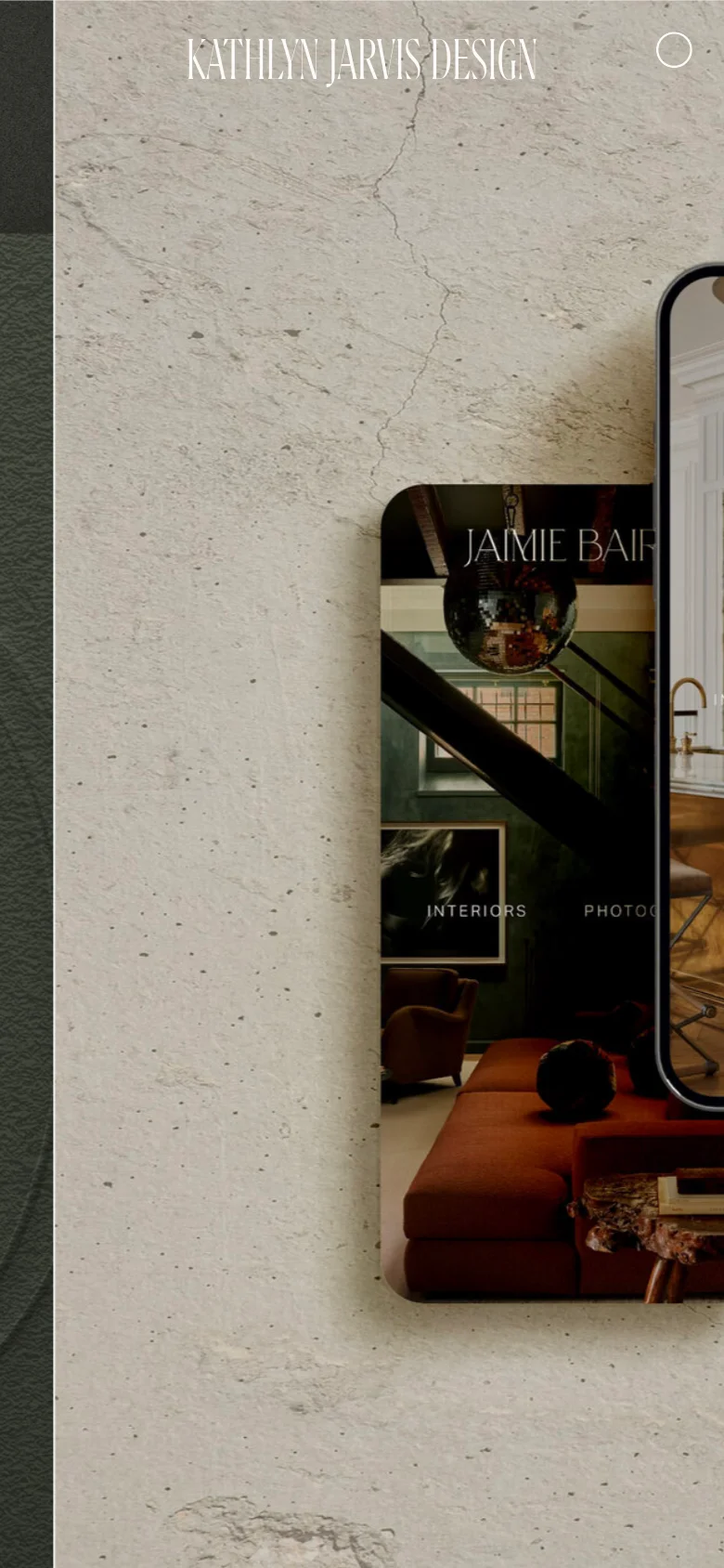 The mobile version presents a vertically stacked, single-column layout optimized for small screens. The hero imagery is condensed, focusing on the large mobile mockup against the textured stone background, and the navigation is simplified to maintain a clean, elegant look.