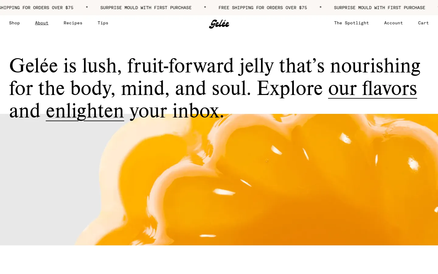 The desktop About page features a large hero image of glistening orange passion fruit jelly in a bundt mold. Below the header, text introduces the brand alongside various lifestyle images, including the founder, fruit close-ups, and a pitcher pouring liquid gelatin. The layout uses a clean white background with elegant serif typography and a centered navigation menu.