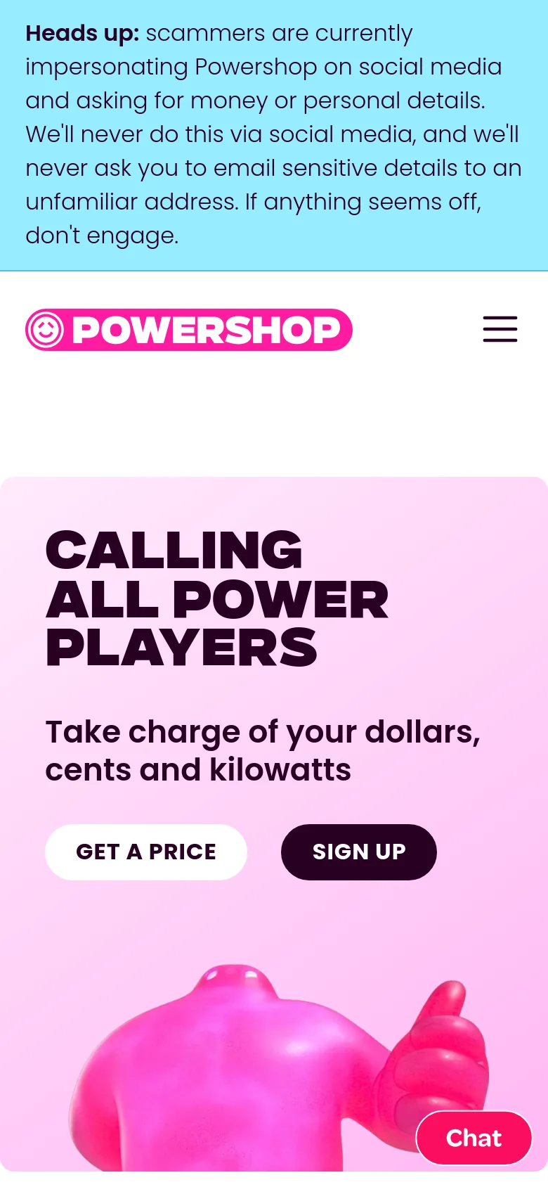 The mobile version simplifies the layout, replacing the desktop navigation menu with a hamburger icon. The hero section maintains the pink theme and bold headline 'CALLING ALL POWER PLAYERS' with 'Get a Price' and 'Sign Up' buttons stacked above a large pink 3D figure. A floating pink 'Chat' button is visible in the bottom right corner.