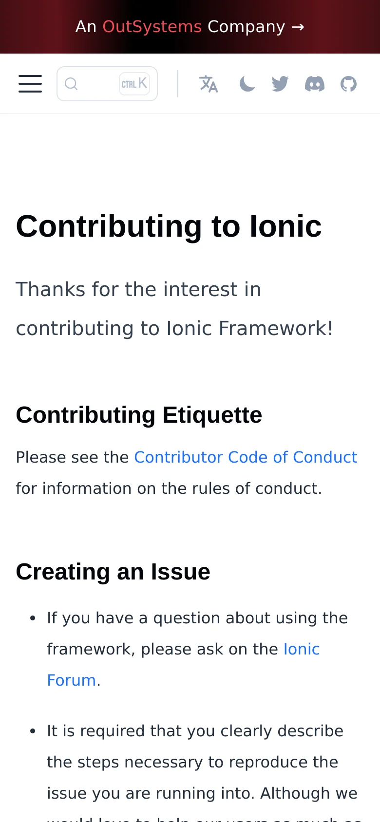 The mobile version features a simplified layout with a top navigation bar containing a hamburger menu icon, search bar, and theme toggles. The main content area displays the 'Contributing to Ionic' heading and text in a single-column format, removing the sidebars seen in the desktop version to optimize for vertical scrolling.