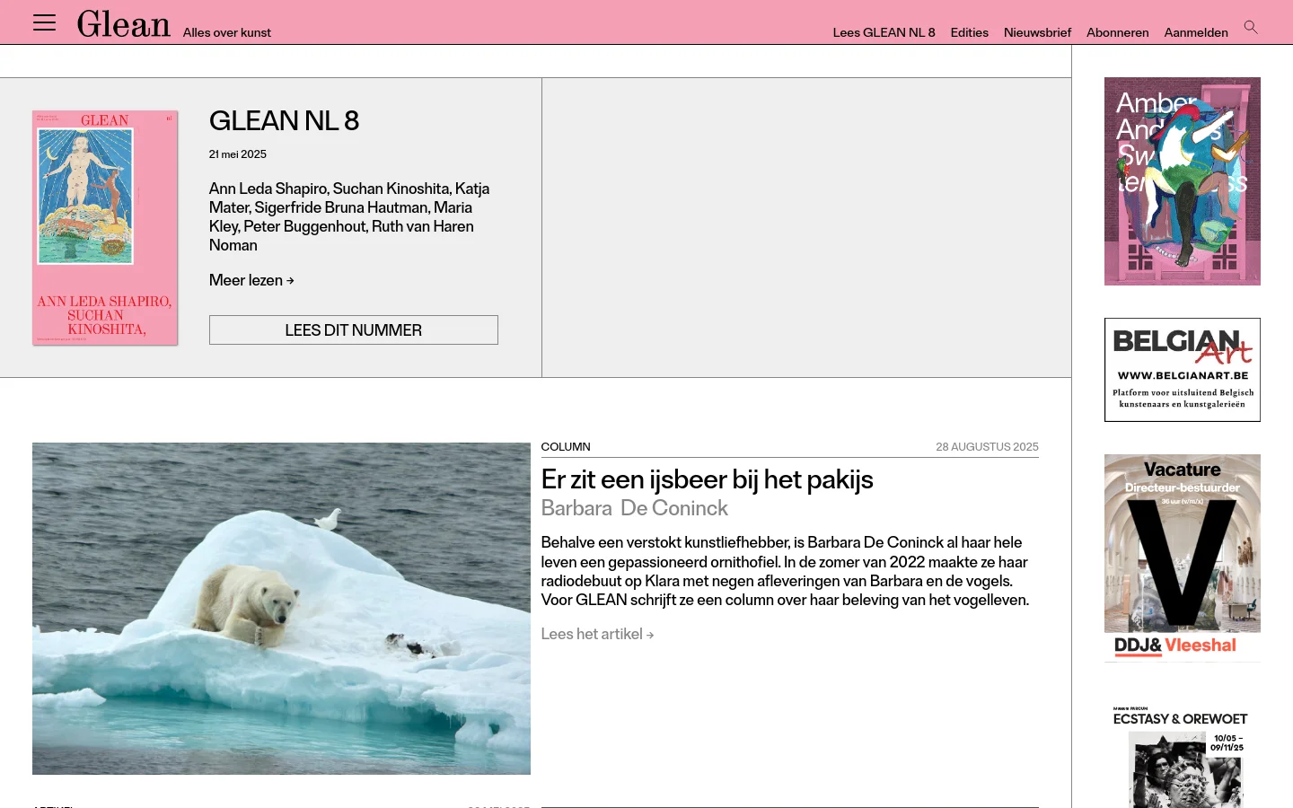 The desktop homepage for GLEAN magazine features a clean, white layout with a top navigation bar. The main content area displays a large feature section for 'GLEAN NL 8' with a pink magazine cover image, followed by a wide article section showing a polar bear on an iceberg. A right-hand sidebar contains vertical advertisements and magazine covers.