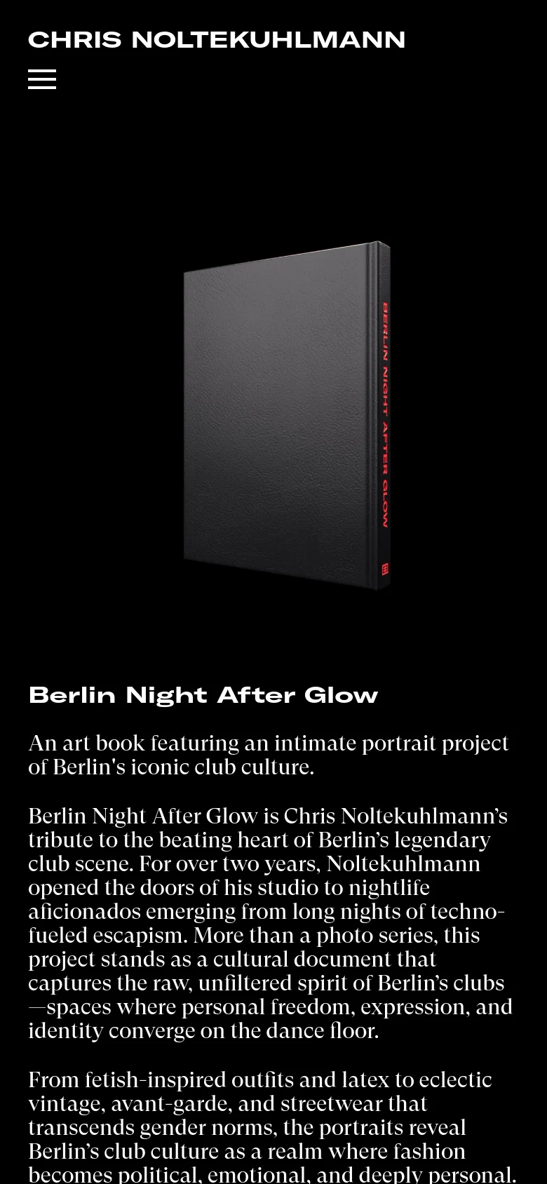 The mobile version uses a vertical layout with the 'Chris Noltekuhlmann' logo and a hamburger menu at the top. The book mockup is centered prominently above the product title, description, and text, creating a single-column scrolling experience optimized for small screens.