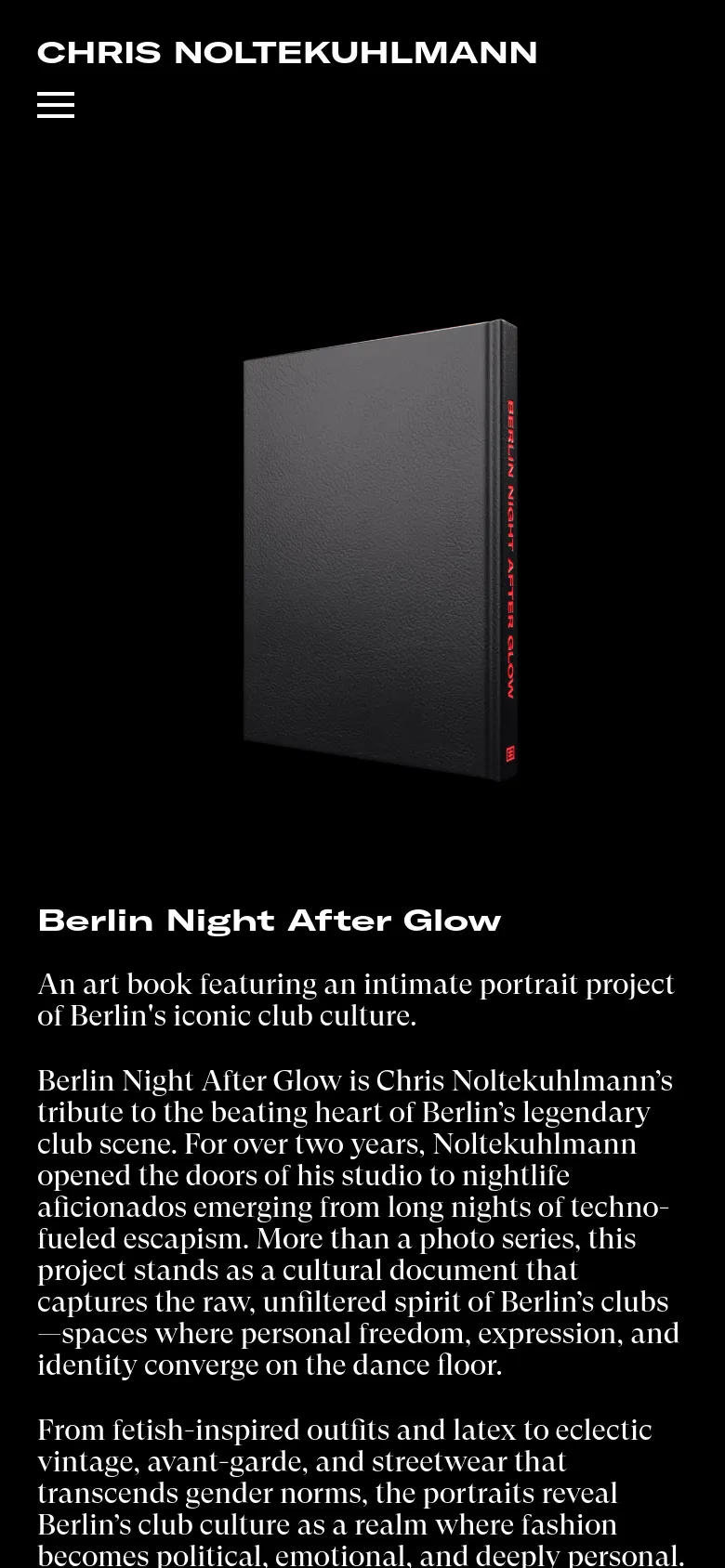 The mobile version uses a vertical layout with the 'Chris Noltekuhlmann' logo and a hamburger menu at the top. The book mockup is centered prominently above the product title, description, and text, creating a single-column scrolling experience optimized for small screens.