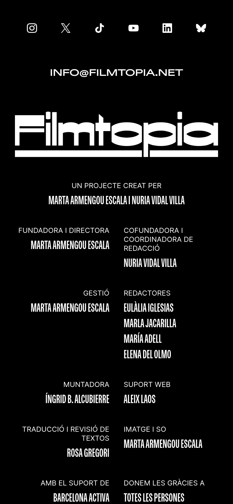 The mobile version maintains the black and white minimalist theme but stacks the text elements vertically for better readability. The large Filmtopia logo remains central, with the project creators, management, and editorial team listed in a single column below it.