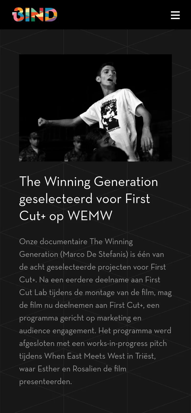 The mobile version simplifies the layout, stacking elements vertically on a dark background. The navigation is condensed into a hamburger menu icon at the top right, and the hero image spans the width of the screen above the main headline and article text.