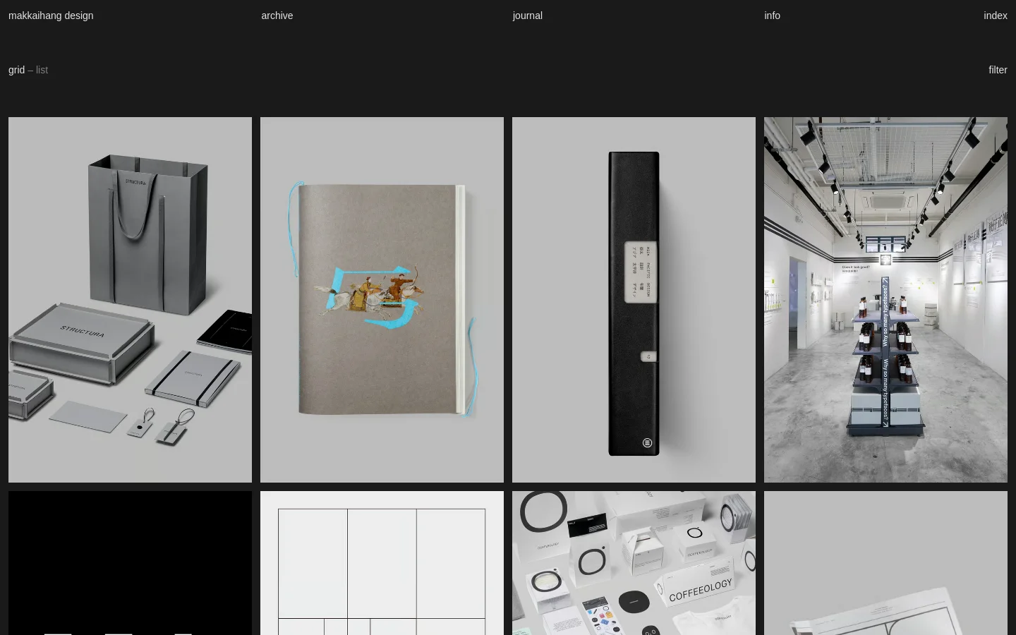 The Archive page features a minimalist dark header with navigation links and a grid/list toggle. A large grid of project preview images is displayed against a light gray background, showcasing various design works like packaging and books. The layout is spacious with a clean, professional aesthetic.