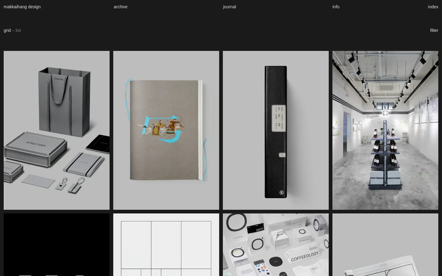 The Archive page features a minimalist dark header with navigation links and a grid/list toggle. A large grid of project preview images is displayed against a light gray background, showcasing various design works like packaging and books. The layout is spacious with a clean, professional aesthetic.