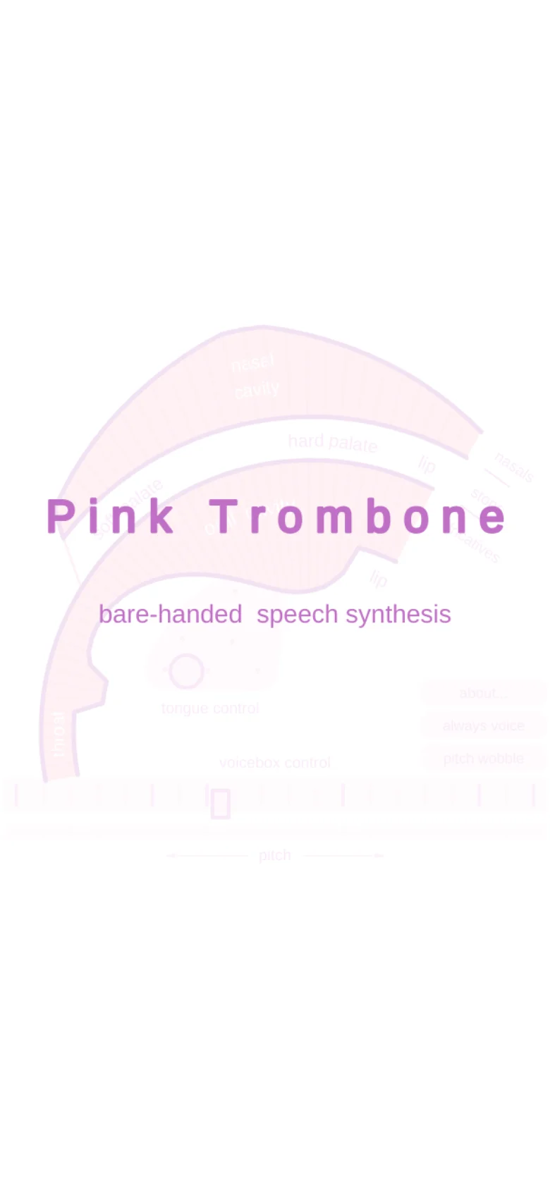 The mobile version maintains the same layout as the desktop, featuring the large pink vocal tract diagram and purple text. The anatomical labels and controls are scaled down to fit the narrower portrait orientation, keeping the central focus on the title and the diagram.