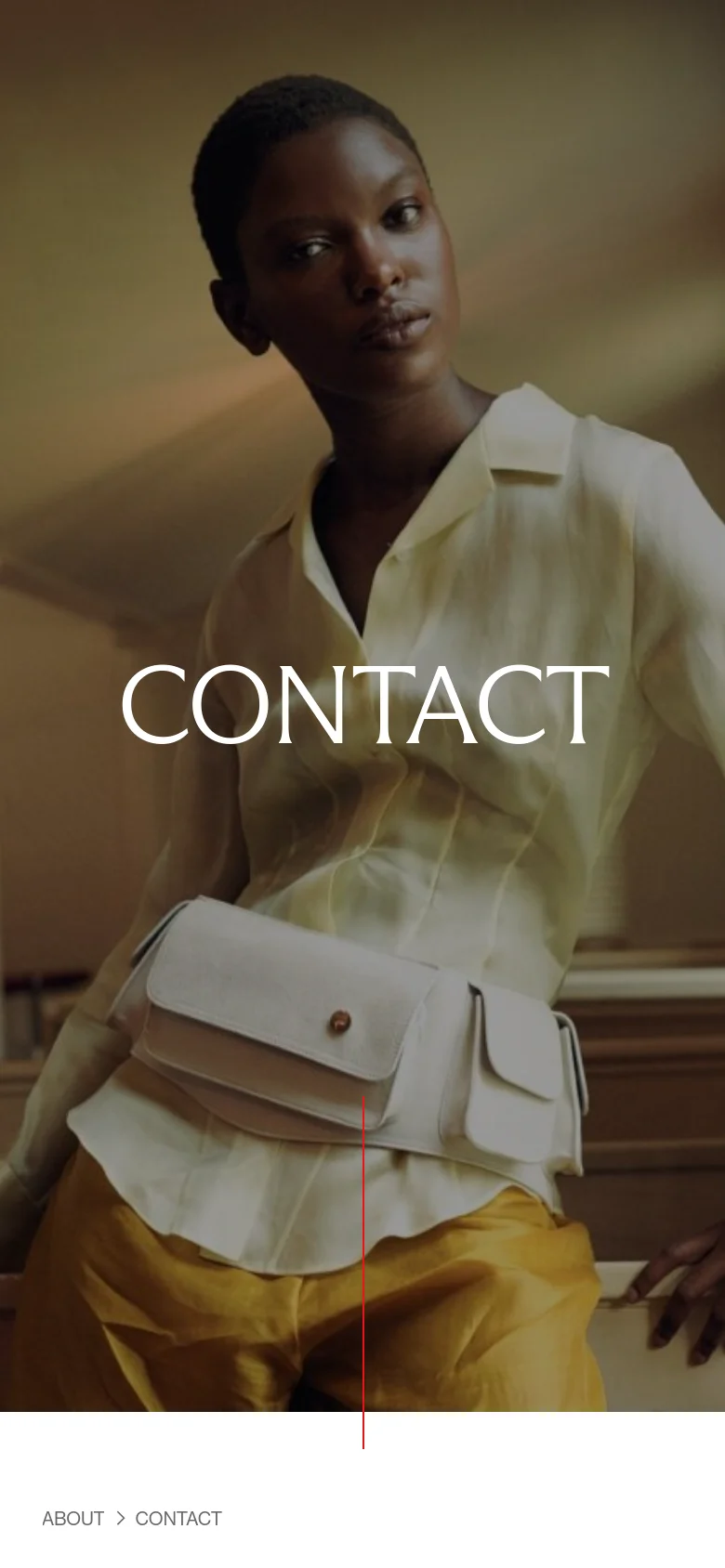 The mobile version maintains the large hero image of the person with 'CONTACT' text, but the image is cropped more tightly to focus on the subject's face and torso. The contact information and departmental email list follow below in a single-column vertical stack, optimized for scrolling on a smaller screen.