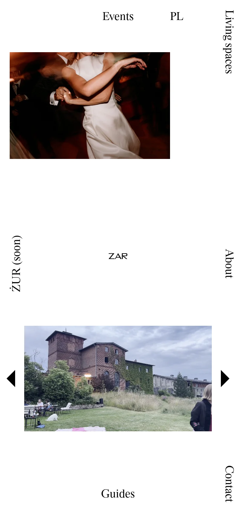 The mobile version presents a vertically stacked layout, starting with the dancing couple hero image. The image slider and descriptive text about the BAL event space follow, optimized for a narrow screen with a single-column flow and a prominent 'Kontakt' link.