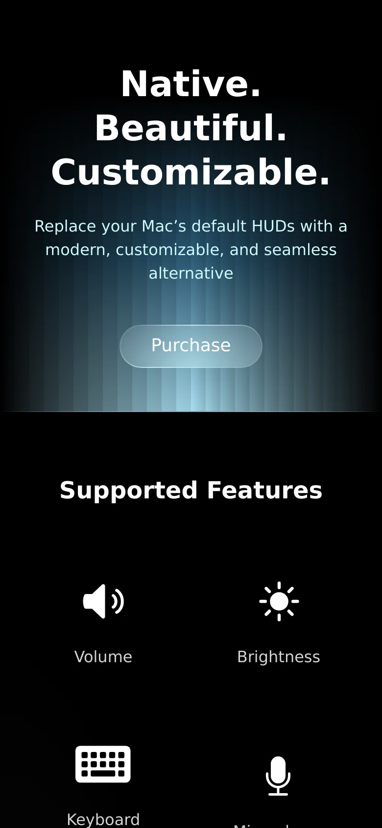 The mobile version presents a vertically stacked layout with a centered hero section. The headline and subtext are scaled down, and the 'Purchase' button is centered prominently. The 'Supported Features' section follows, with icons and labels arranged in a single or double column to fit the narrow screen width.