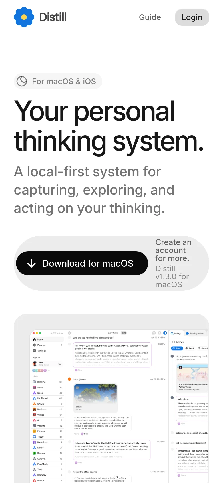 The mobile version simplifies the layout into a single-column vertical stack, centering the large headline and subheadline. The 'Download for macOS' button is centered and spans most of the width, followed by a scaled-down version of the application screenshot. The top navigation is reduced to 'Guide' and a 'Login' button to accommodate the smaller screen size.