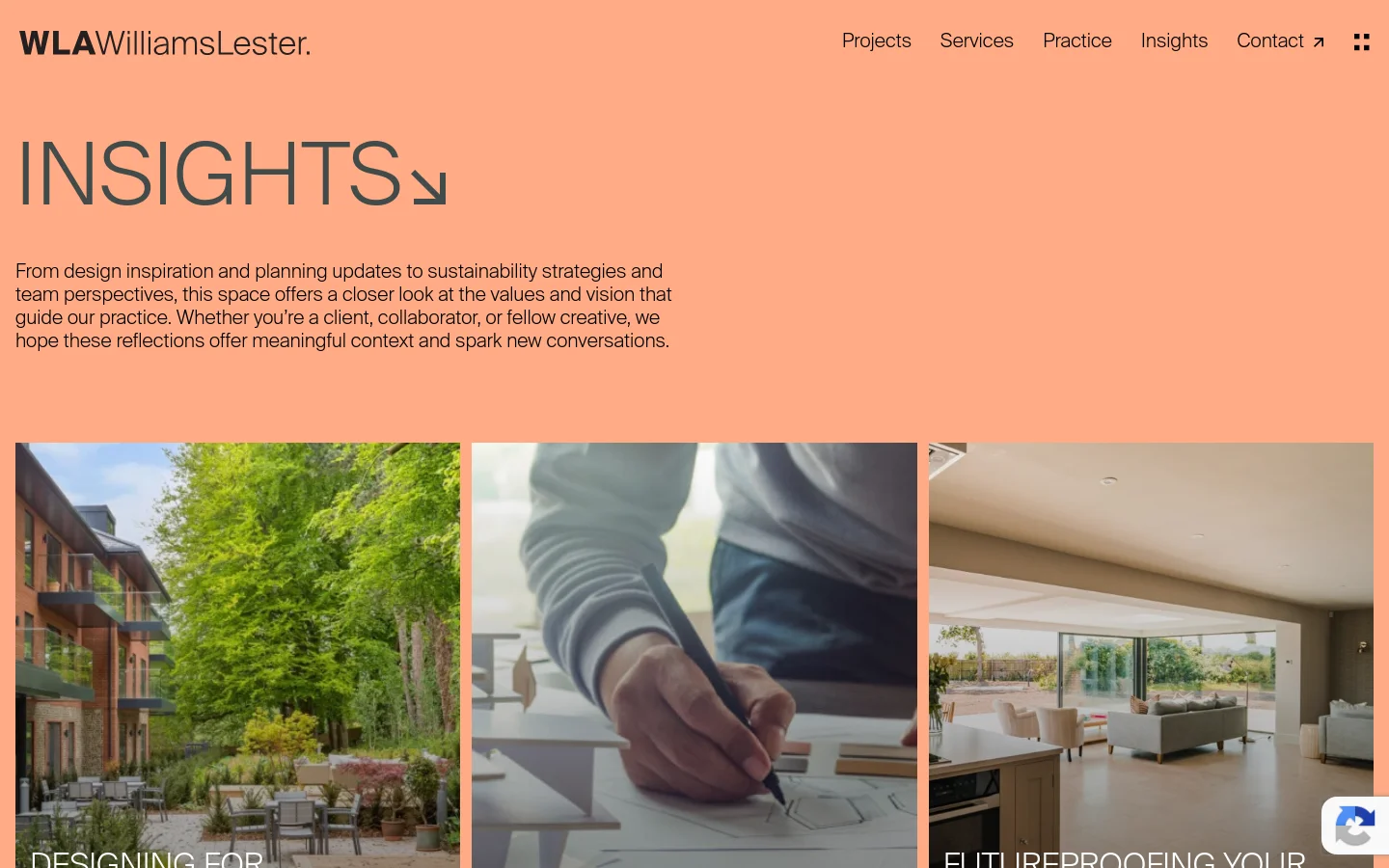The desktop Insights page features a large peach-colored header containing the title 'INSIGHTS' and an introductory paragraph. Below the header, a grid layout displays blog posts with large, high-quality architectural and lifestyle images. The navigation menu is at the top right, including links for Projects, Services, Practice, Insights, and Contact.