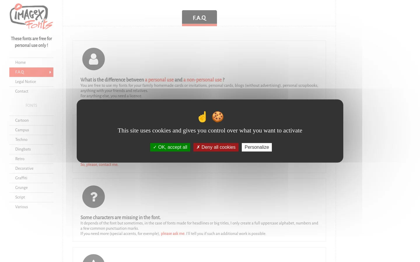 The F.A.Q. page features a white background with a centered layout. A top navigation bar includes the ImageX Fonts logo and links to Home, F.A.Q, Legal Notice, and Contact, followed by a categorized list of font styles like Cartoon, Techno, and Script. The main content area displays frequently asked questions and answers in dark text, organized with gray icons like a person silhouette and a question mark.