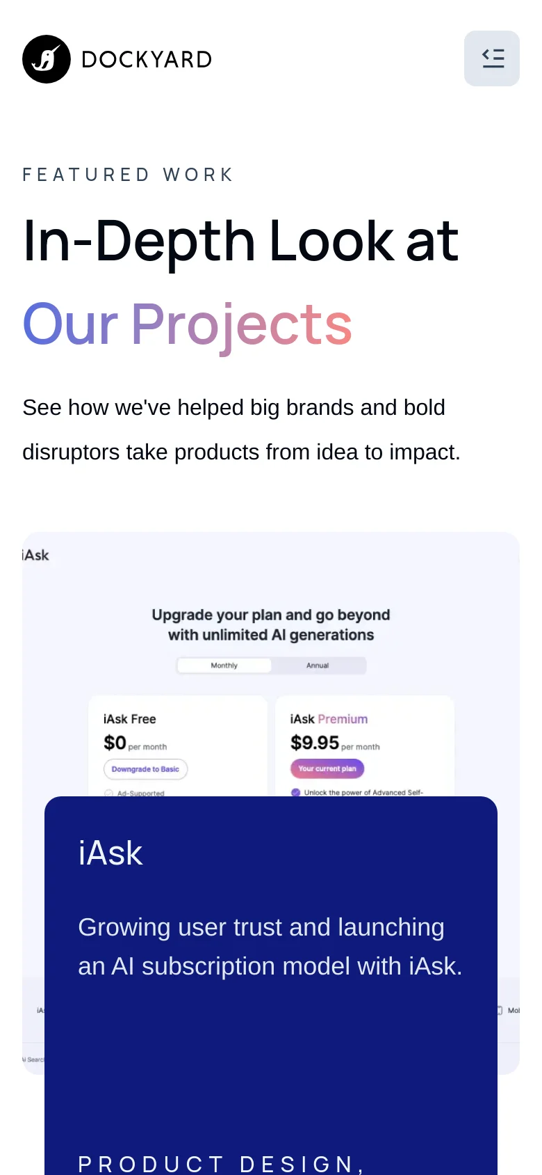 The mobile version maintains the same minimalist aesthetic and color palette but uses a single-column vertical layout. The navigation is condensed into a hamburger menu icon, and the large typography is scaled down to fit the narrower screen width.