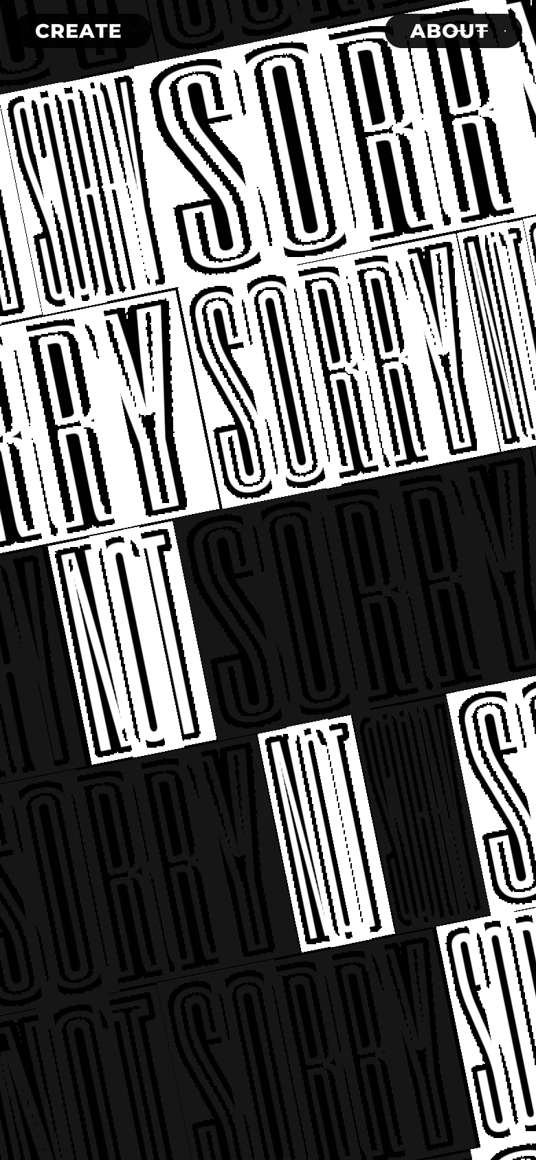 The mobile view maintains the high-contrast black and white aesthetic with large, distorted typography filling the screen. The layout is more vertically compressed, focusing on the central teardrop interactive element and the navigation buttons at the top.
