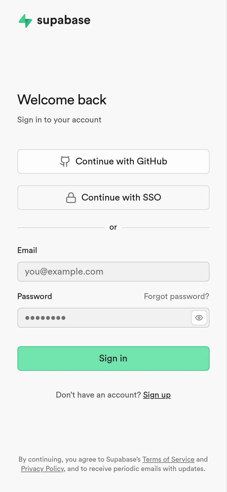 The mobile version of the sign-in page simplifies the layout by stacking all elements vertically, removing the large testimonial on the right. The login form remains the focus, featuring the GitHub and SSO buttons, email and password fields, and the mint green 'Sign in' button centered on a light gray background.