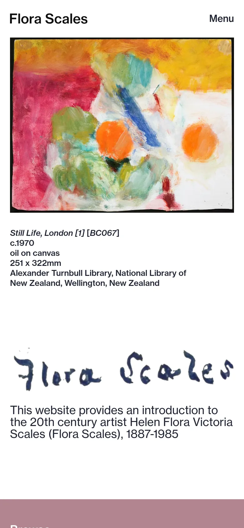 The mobile version simplifies the layout, replacing the horizontal navigation menu with a 'Menu' button on the top right. The large abstract painting remains the central focus, with the title and artist description text stacked vertically below the image. The overall design remains clean and white, emphasizing the artwork.