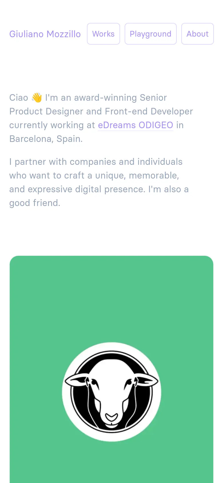 The mobile version of the portfolio features a single-column layout with the header and introductory text at the top. The project cards, which appear side-by-side on desktop, are stacked vertically, showing large images with project titles and descriptions underneath.