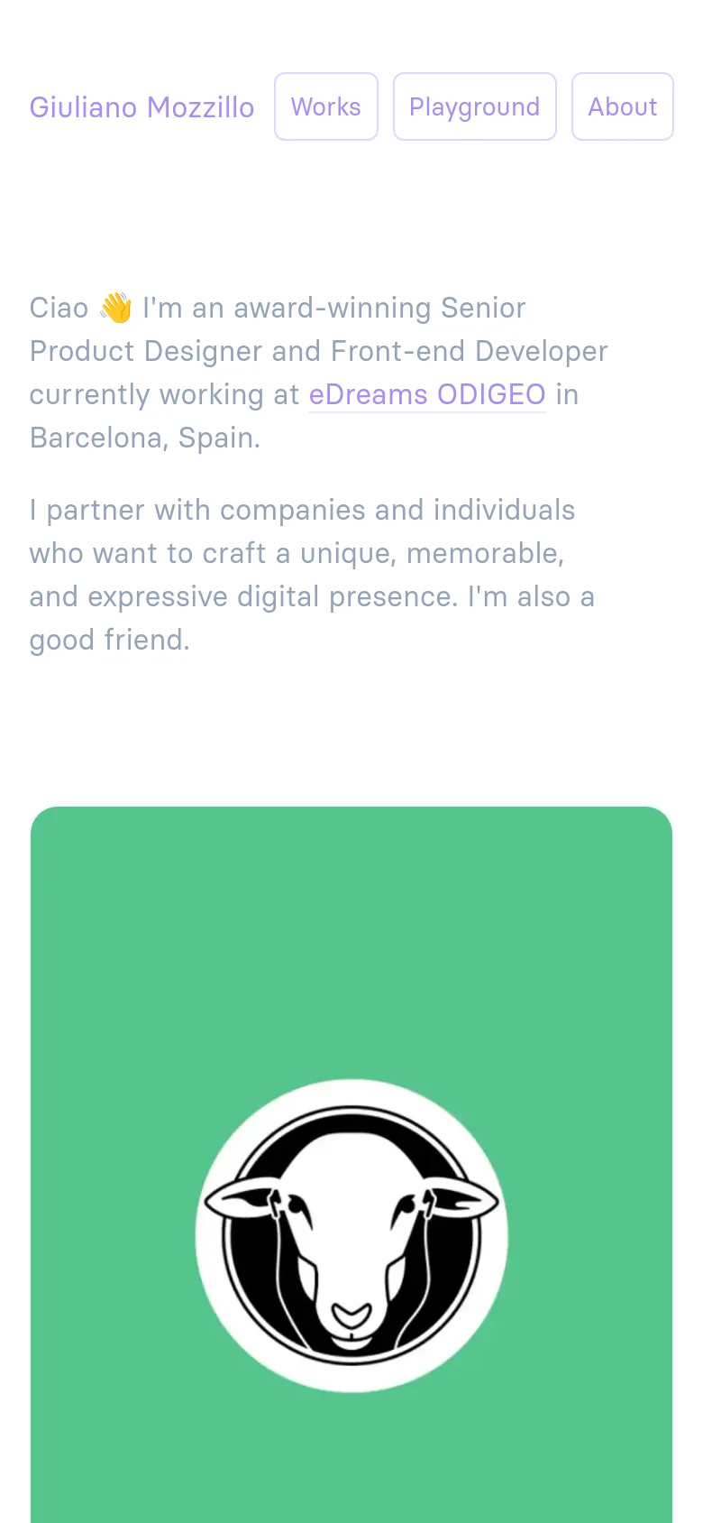 The mobile version of the portfolio features a single-column layout with the header and introductory text at the top. The project cards, which appear side-by-side on desktop, are stacked vertically, showing large images with project titles and descriptions underneath.