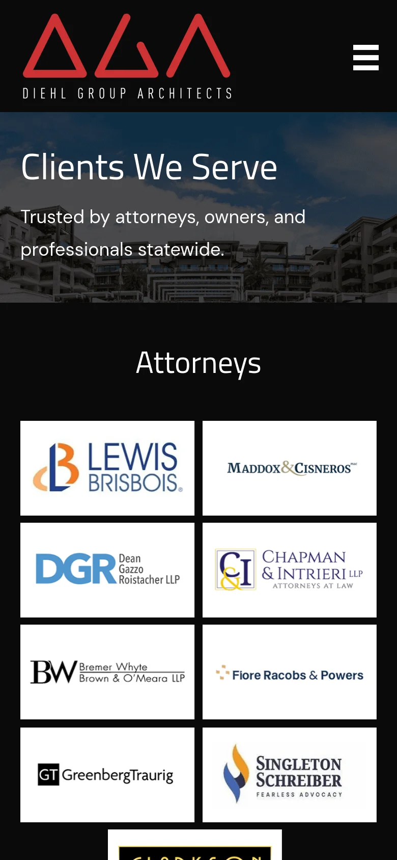 The mobile version simplifies the layout with a hamburger menu icon in the header. The hero section displays the same architectural image and 'Clients We Serve' text, but the 'Attorneys' logo grid shifts from multiple columns to a single-column vertical stack for easier scrolling.