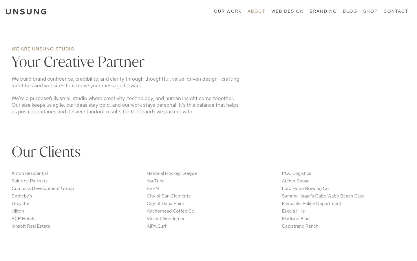 The desktop About page features a clean, minimalist layout with a white background and dark serif typography. It begins with a large headline 'Your Creative Partner' followed by introductory text, then a multi-column list of client names under the heading 'Our Clients'.