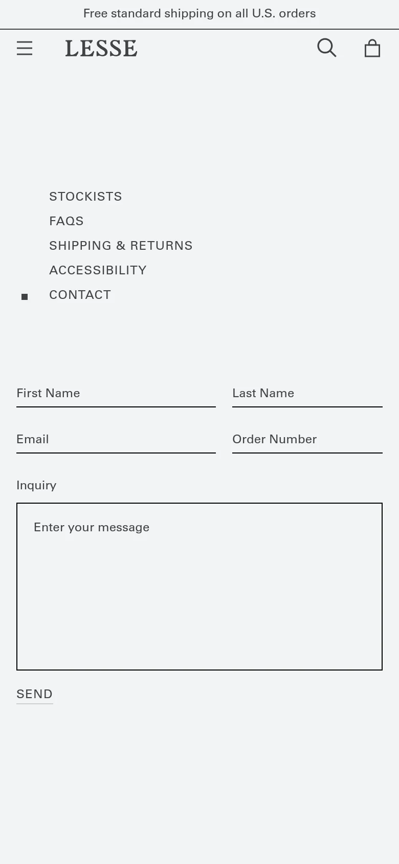 The mobile version simplifies the layout, moving the navigation links into a hamburger menu icon at the top left. The contact form fields and the inquiry text box are stacked vertically to fit the narrow screen, maintaining the clean, minimalist aesthetic with black text on a white background.