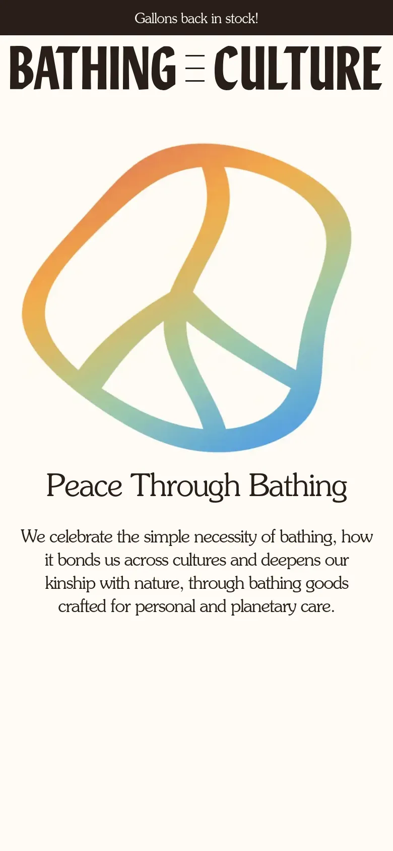 The mobile version simplifies the layout, stacking the brand name 'BATHING CULTURE' above a large, centered gradient peace sign icon. The headline and descriptive text follow below the icon, and the top navigation is replaced by a hamburger menu icon.