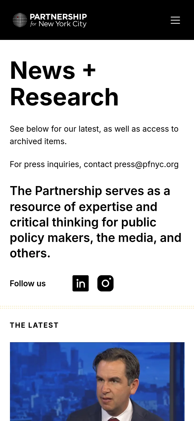 The mobile version uses a vertical stack layout with a black header containing a hamburger menu and the logo. The 'News + Research' headline and mission statement are centered, followed by social media icons and a single-column list of news items, including a large featured image and text links below it.