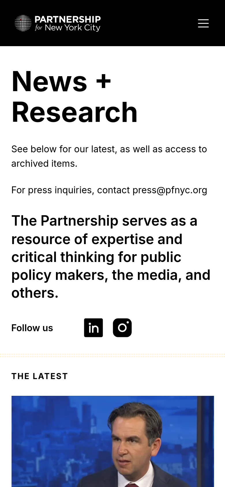 The mobile version uses a vertical stack layout with a black header containing a hamburger menu and the logo. The 'News + Research' headline and mission statement are centered, followed by social media icons and a single-column list of news items, including a large featured image and text links below it.